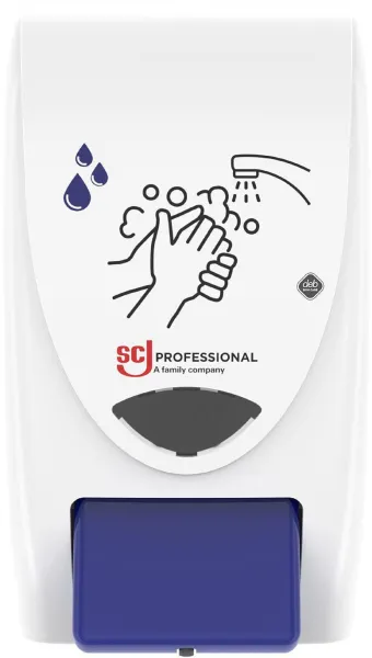 Deb Stoko Cleanse Light -dispenser för rengörande flytande tvål, vit plast med blå knapp, 2 L